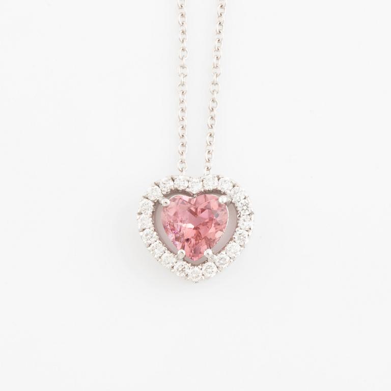 Heart shaped pink tourmaline and brilliant cut diamond necklace.