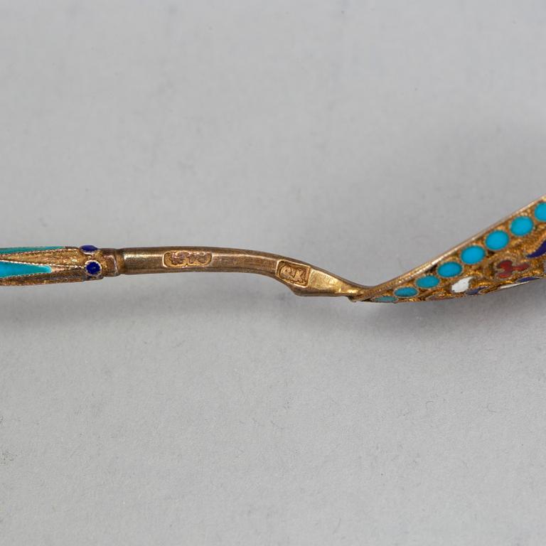 A set of twelve 19th century silver-gilt and cloisonné enameled tea-spoons, marked Gustav Klingert, Moscow 1880's.