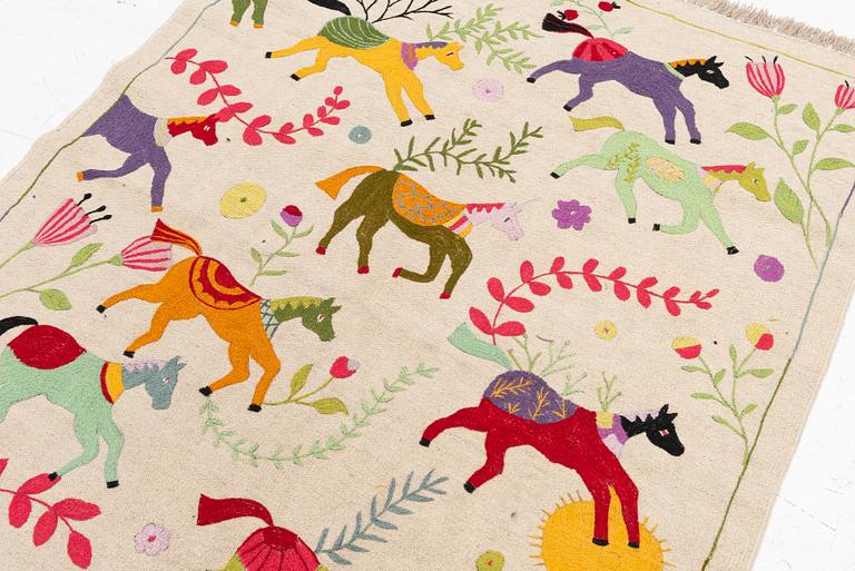 A hand-embroidered Kelim carpet, c. 208 x 150 cm.