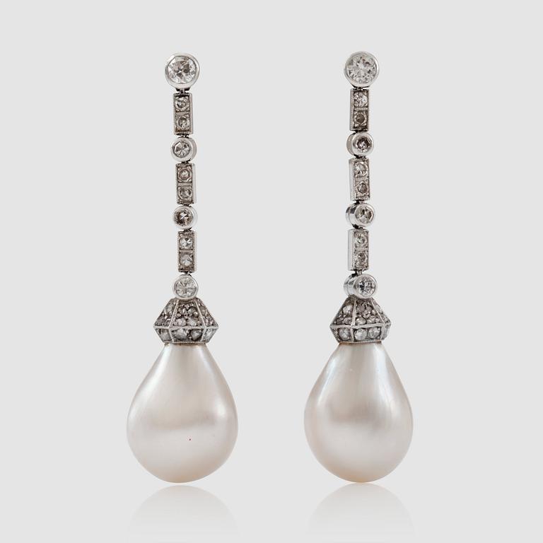 A pair of pear shaped probably oriental natural pearl and old-cut diamond earrings. Total carat weight 0.50 cts.