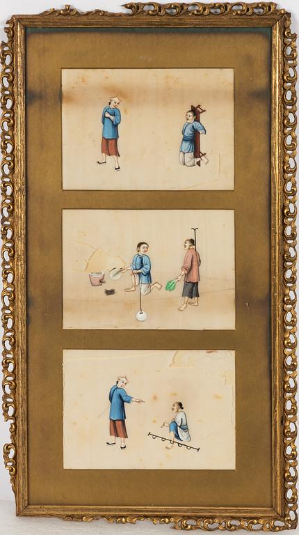 Unidentified artist, nine Chinese gouache paintings, late Qing dynasty.