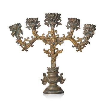 1250. A Chinese parcel-gilt bronze stand for the 'five sensory offerings', Qing dynasty, 19th century.