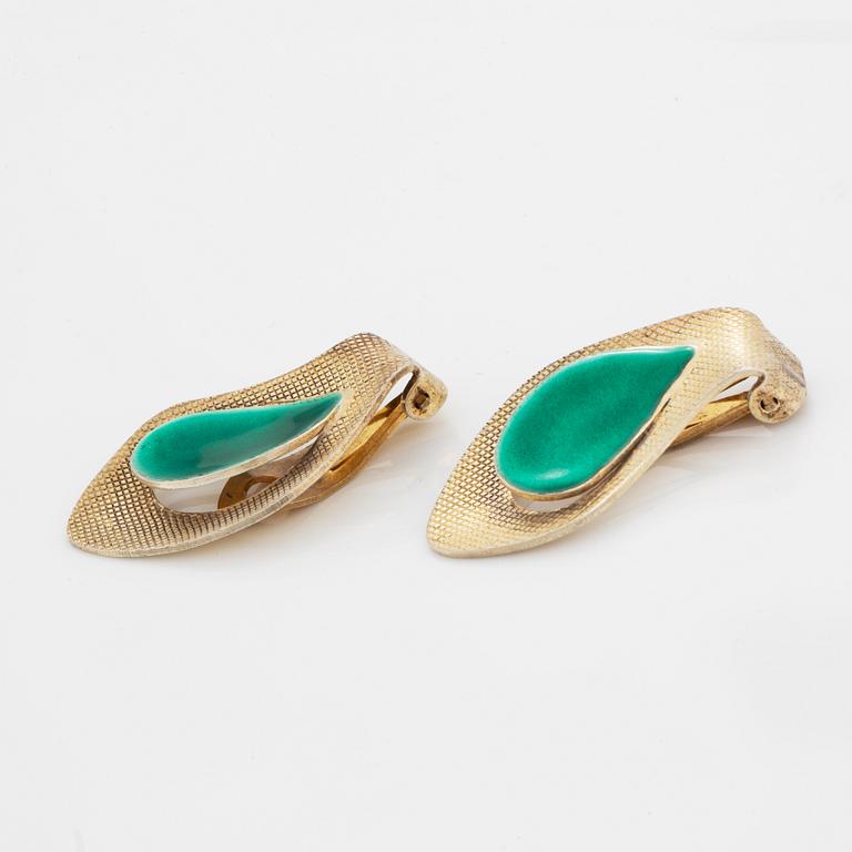 Grete Prytz-Kittelsen för J.Tostrup, örhängen samt brosch, "Med speil" sterlingsilver med grön emalj. Norge.