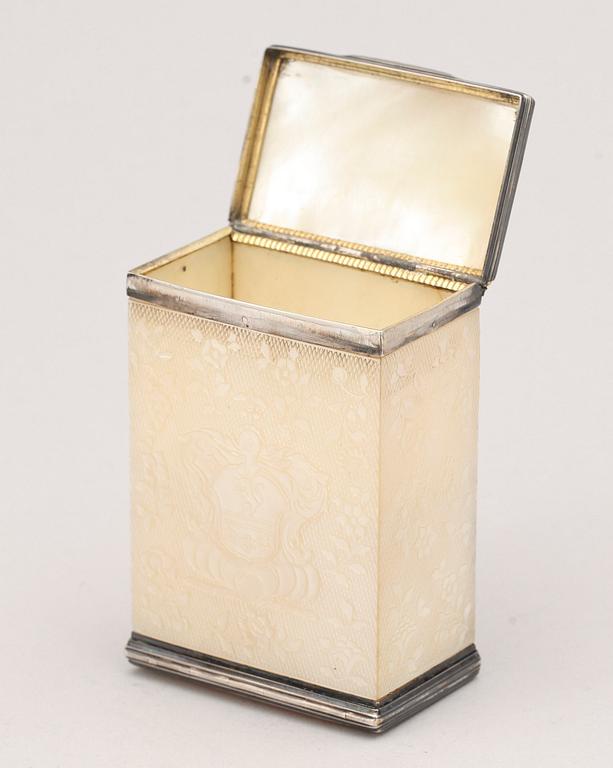 A Swedish 18th century mother of pearl and silver box, unmarked.