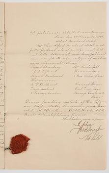 Konvolutet till Alfred Nobels testamente 1895, egenhändigt rubricerat: Testamente /My Will och signerat samt lacksigill.