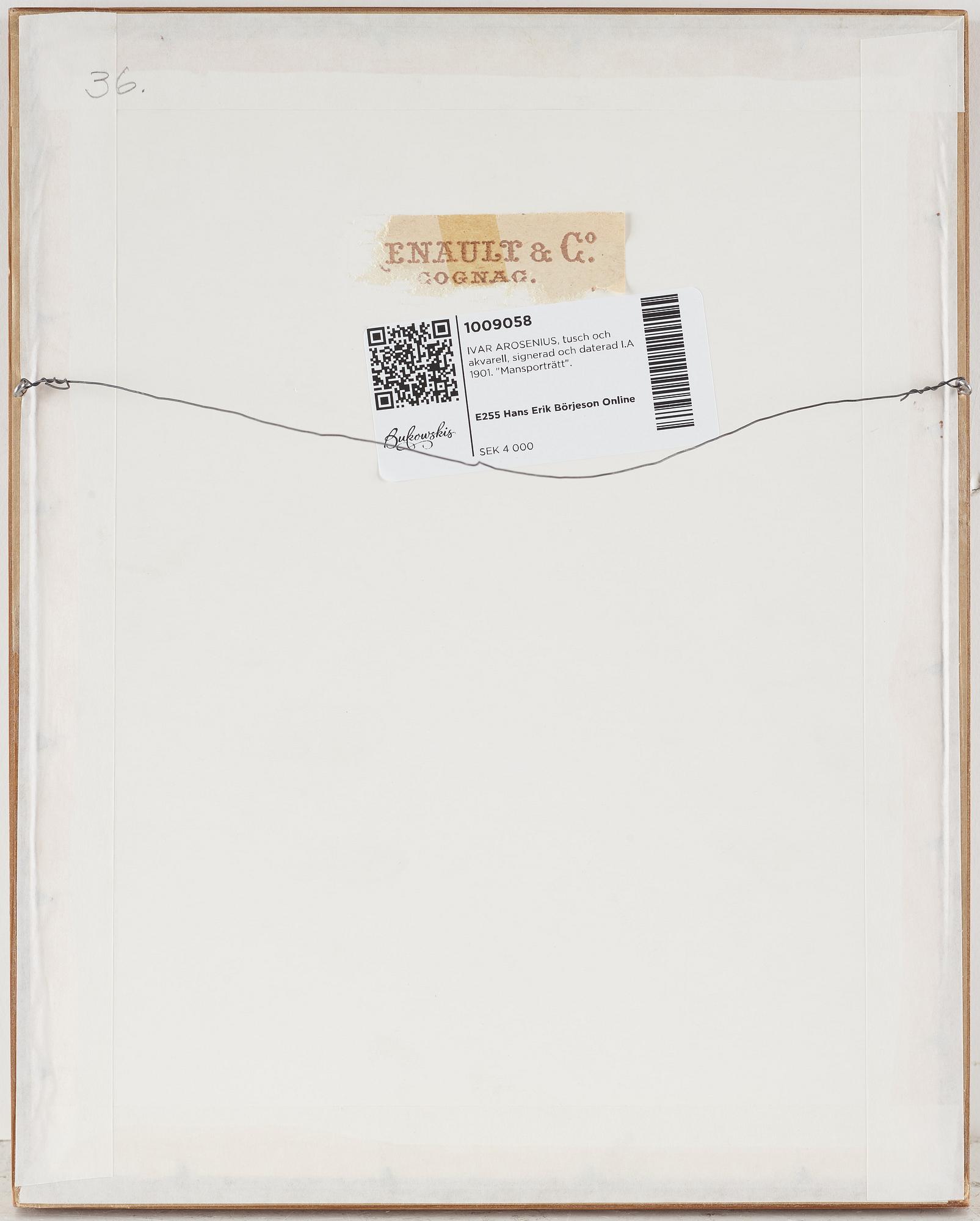 IVAR AROSENIUS, indian ink and watercolour, signed and dated I.A. 1901. "Mansporträtt".