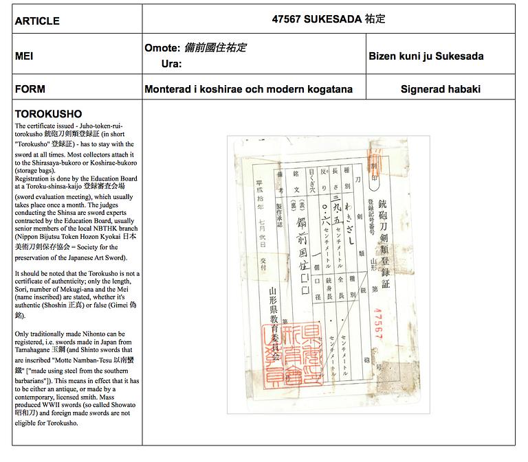 JAPANSKT SVÄRD, stål, sign Bizen kuni Sukesada, period Momoyama /Edo (1568-1867).