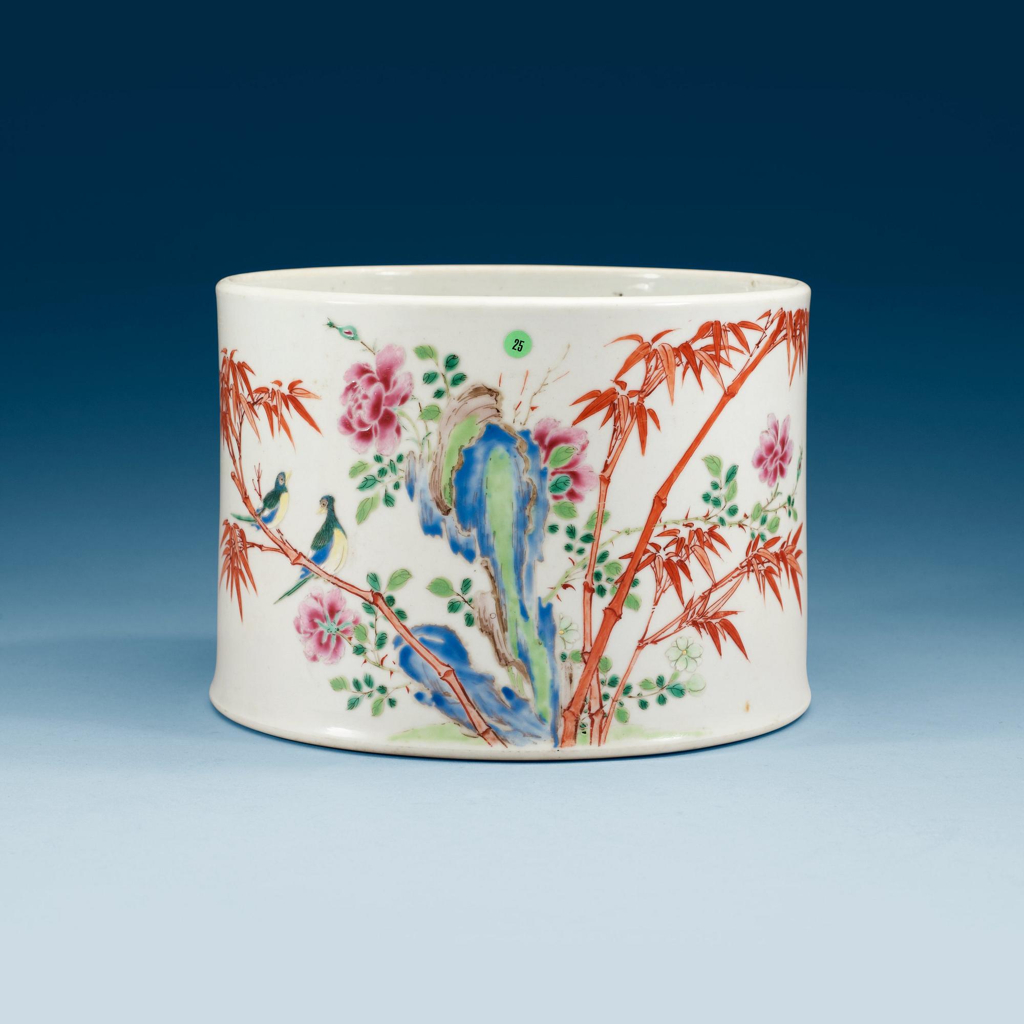 A large famille rose scroll/brush pot, Qing dynasty.