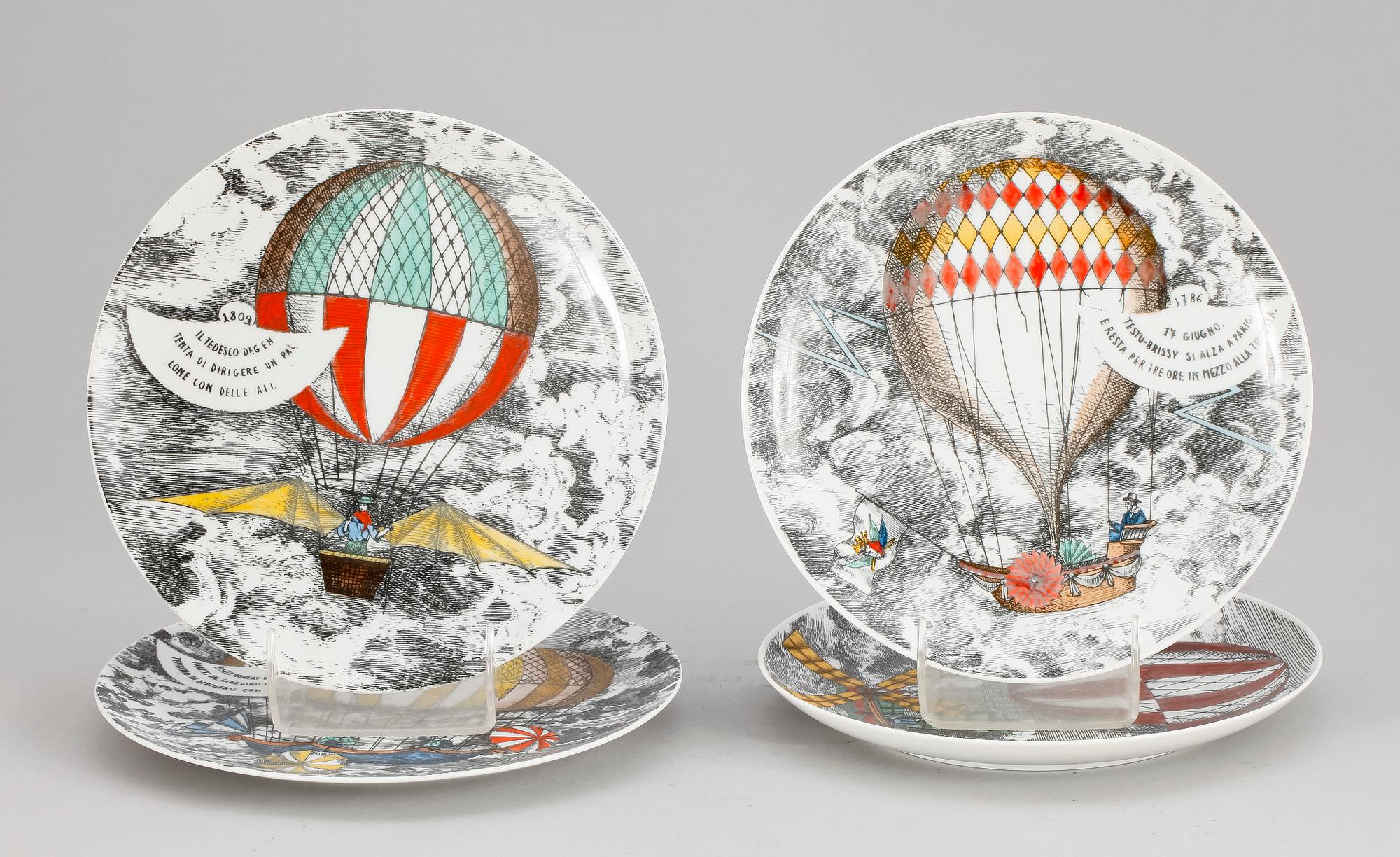 TALLRIKAR, 4 st. Porslin, "Mongolfiere", Fornasetti, Milano, Italien.