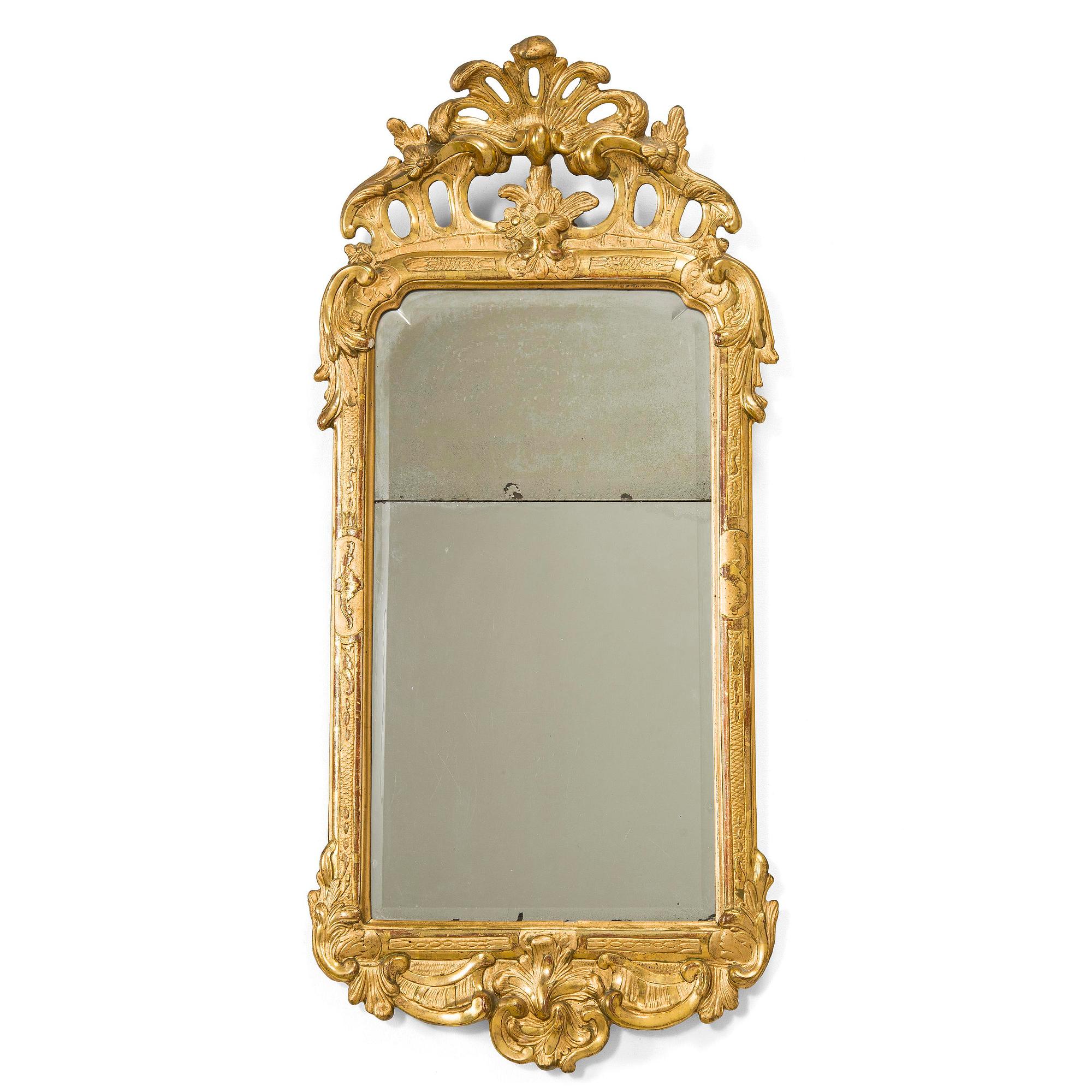 A Rococo giltwood mirror by Nils Meunier (master in Stockholm 1754-97, royal court mirror maker 1769).
