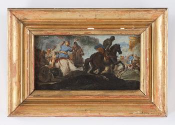 BATALJMÅLNING, olja på träpannå, möjligen Frankrike, 1800-tal.