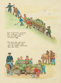 Elsa Beskow, The red bus and the green car. Illustrated children's story by Elsa Beskow.
