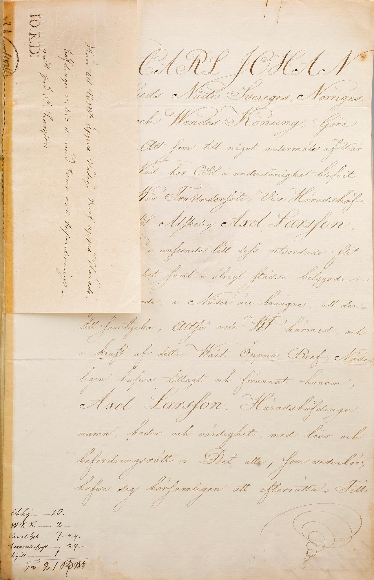KARL XIV JOHAN (1763-1844), dokument med egenhändig namnteckning, dat Stockholms slott 19 juni 1830.