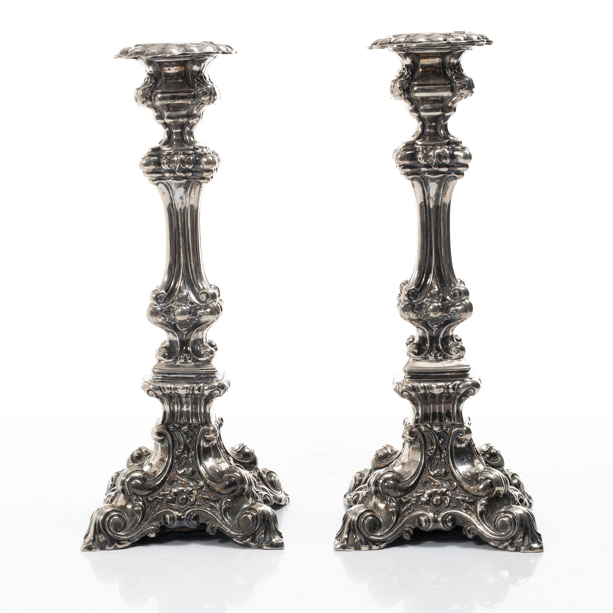 Gustaf Theodor Folcker, a pair of baroque style silver candle sticks, Stockholm, Sweden, 1846.
