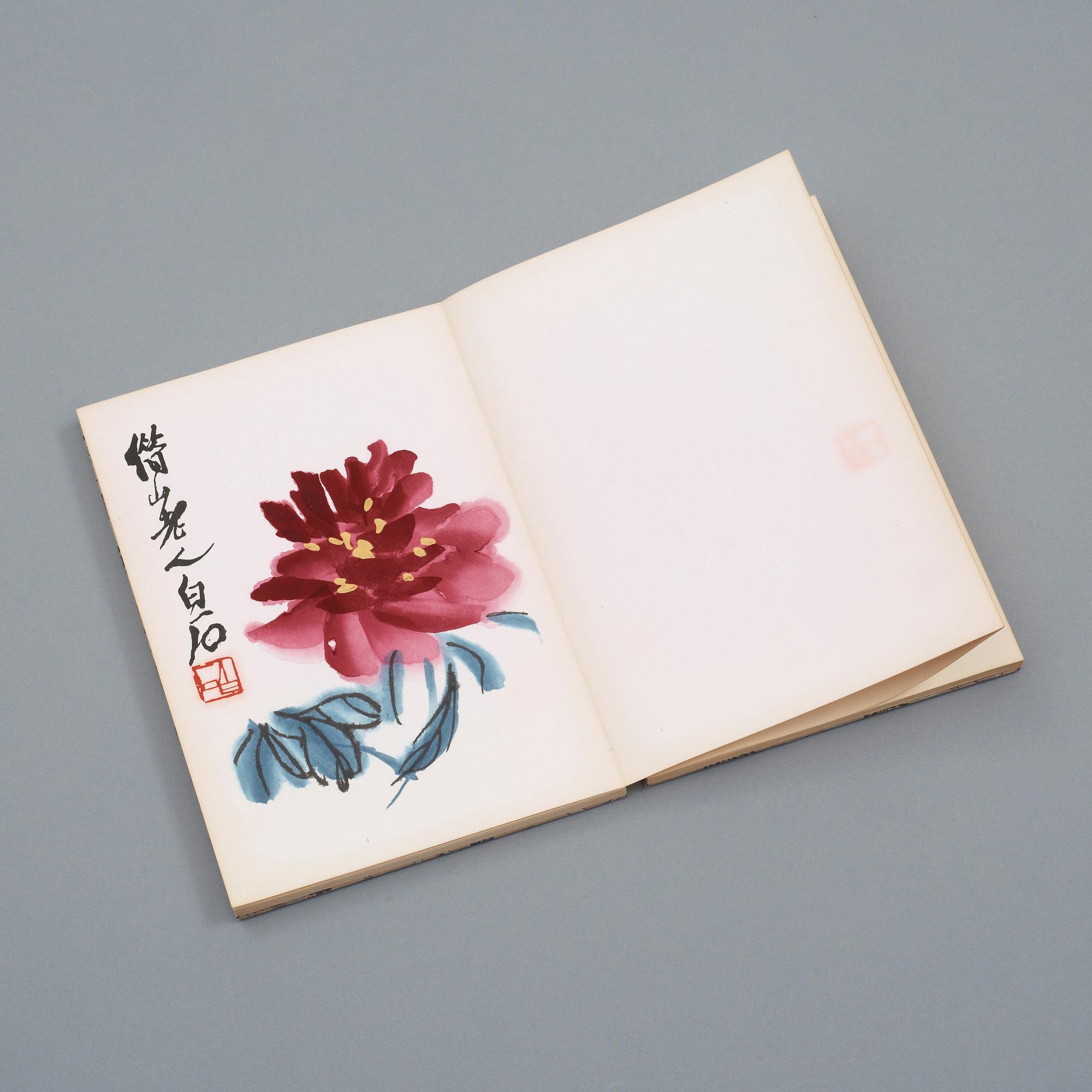 BOK med TRÄSNITT, "Qi Baishi hua ji", utgiven av Rong Bao Zhai xin ji, 1952, illustrerad med 22 färgträsnitt.