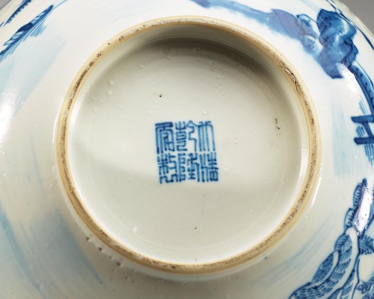 A blue and white bowl, Qing dynasty, 19th Century with Qianlong seal mark.