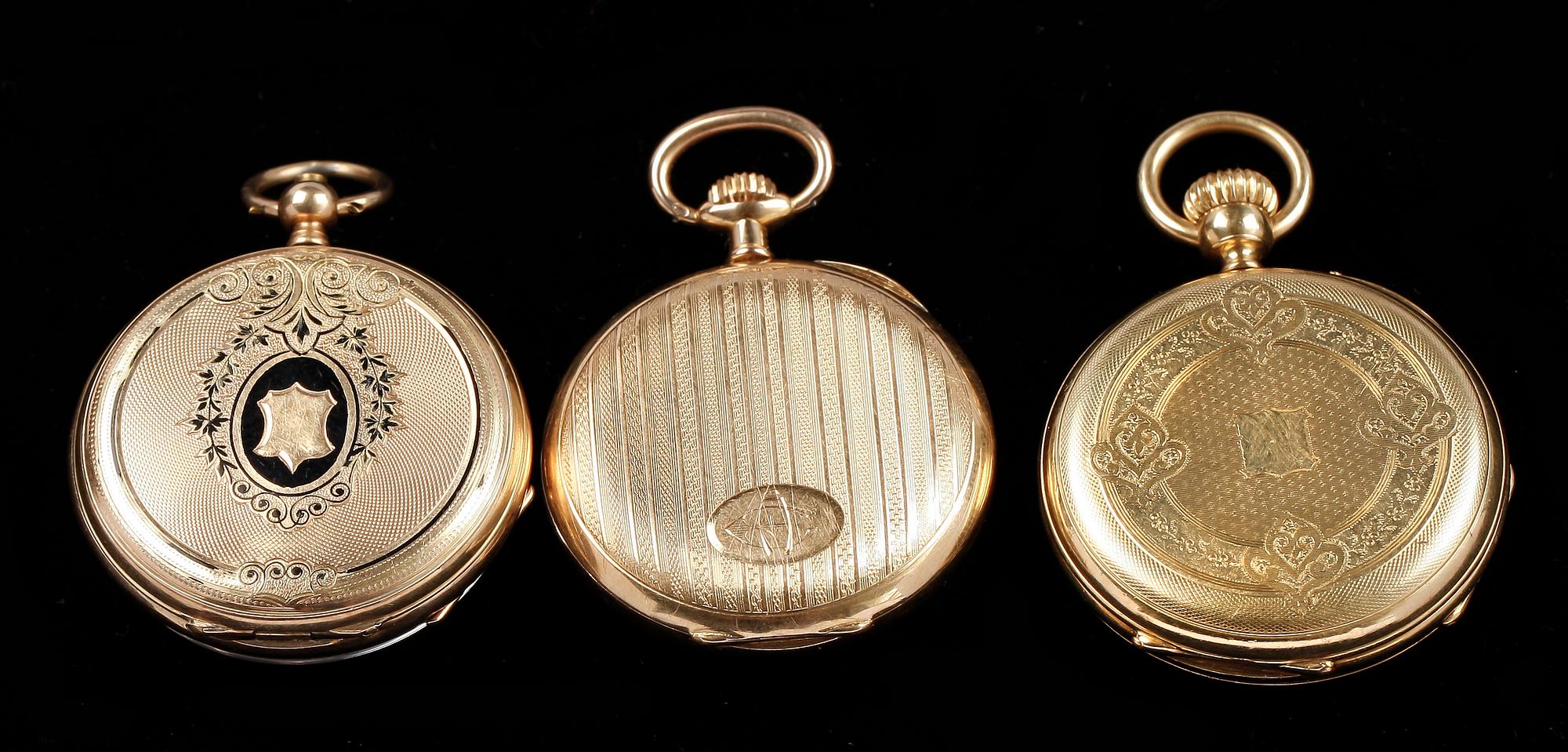 DAMFICKUR, 3 st, guld 14-18K, sent 1800-tal till tidigt 1900-tal.
