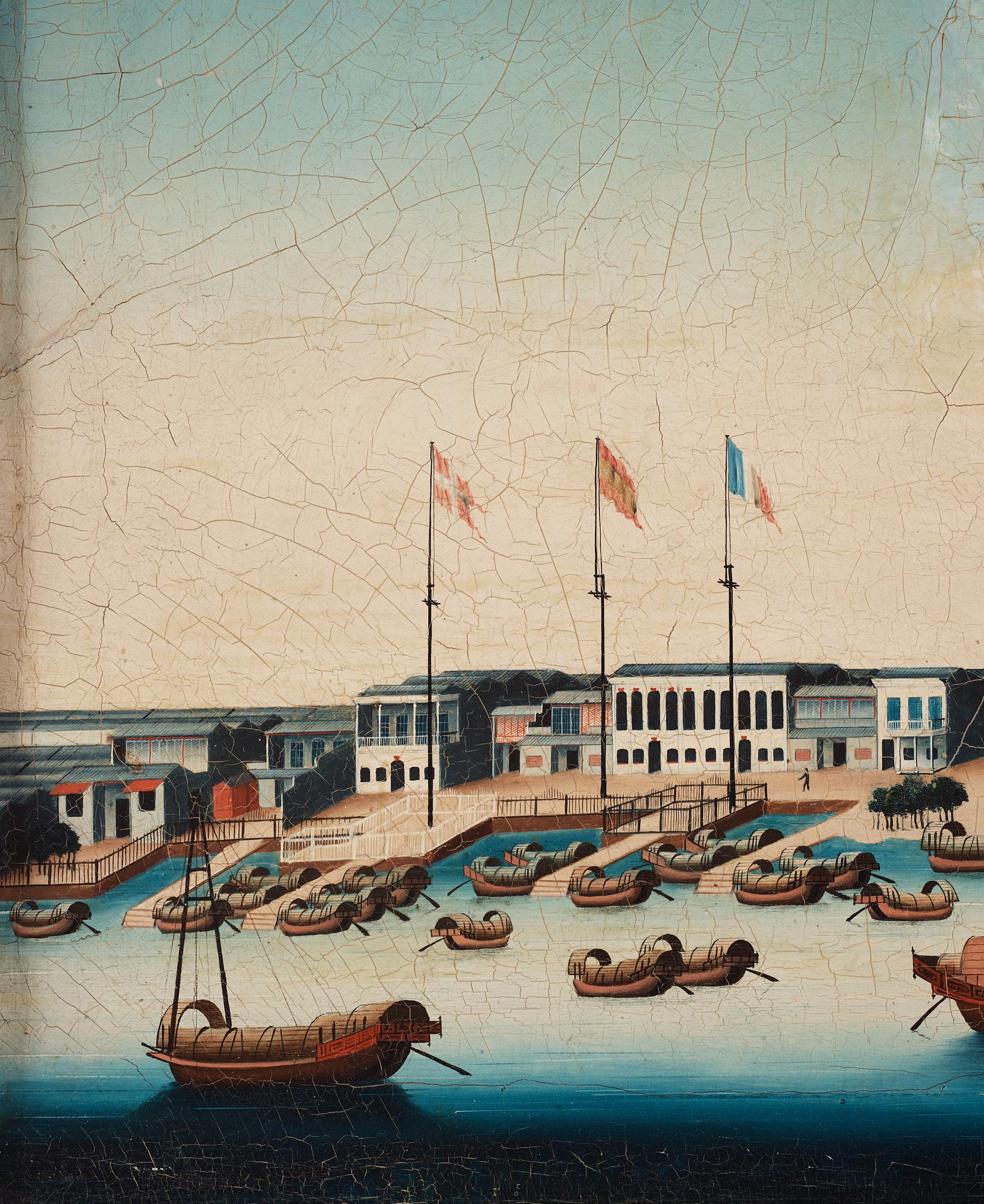 Målning, okänd konstnär, vy över Kanton. Qingdynastin, omkring år 1800.