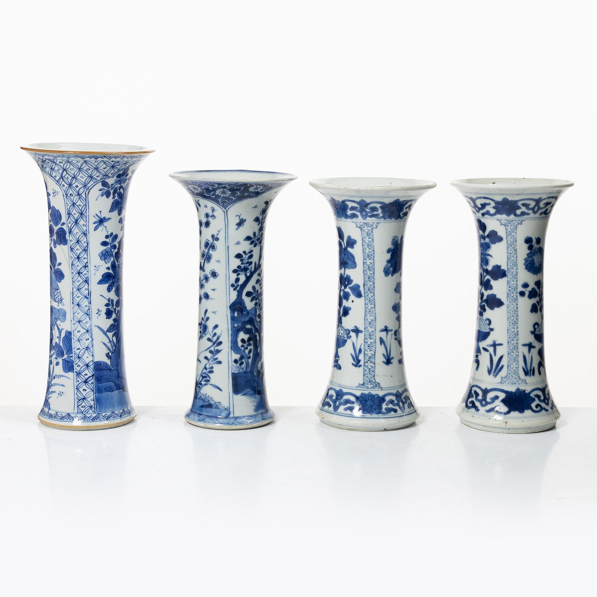 Four blue and white trumpet vases, Qing dynasty, Kangxi (1662-1722).