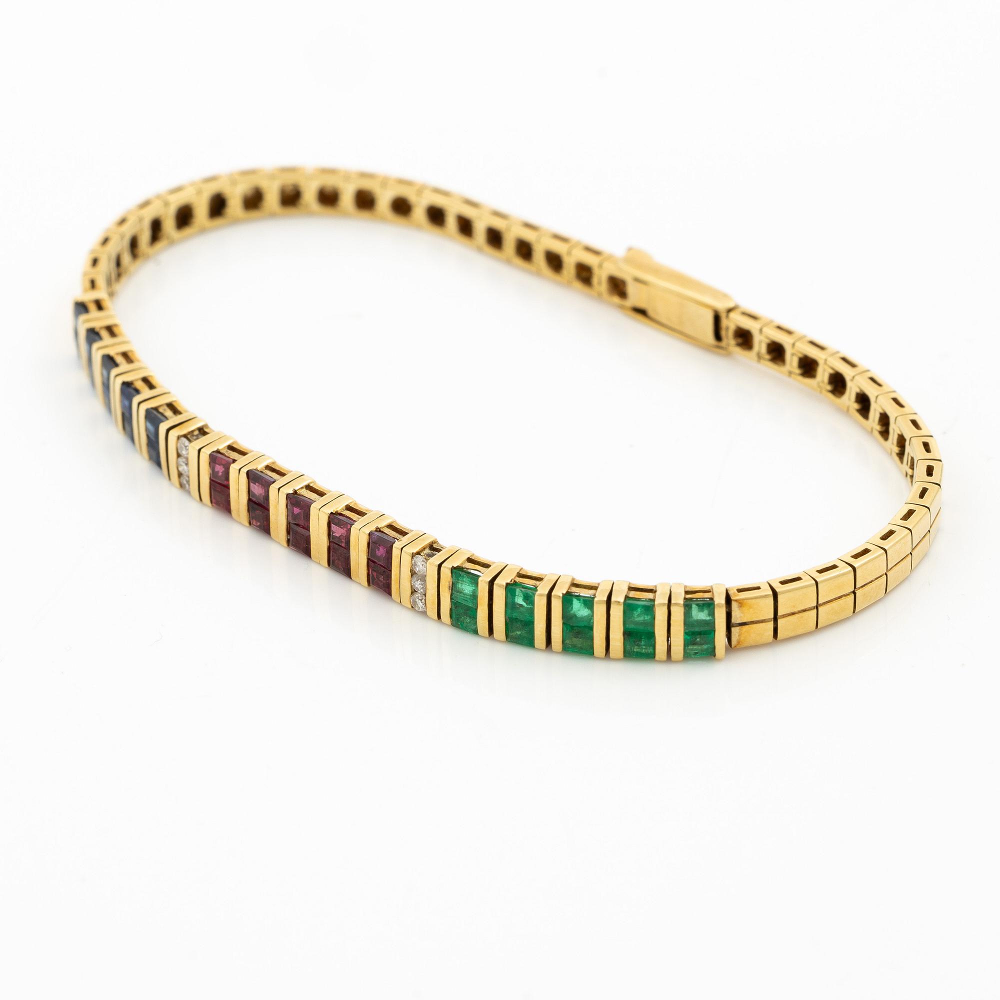 Bracelet, 18K gold with brilliant-cut diamonds, carré-cut rubies, emeralds and sapphires.