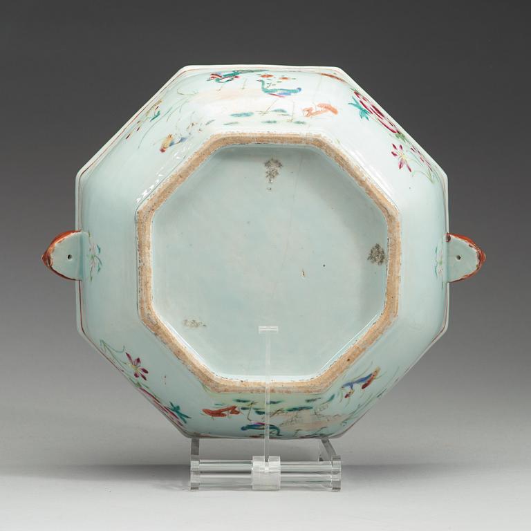 A large export porcelain famille rose 'double peacock' tureen with cover and stand, Qing dynasty, Qianlong (1736-1795).