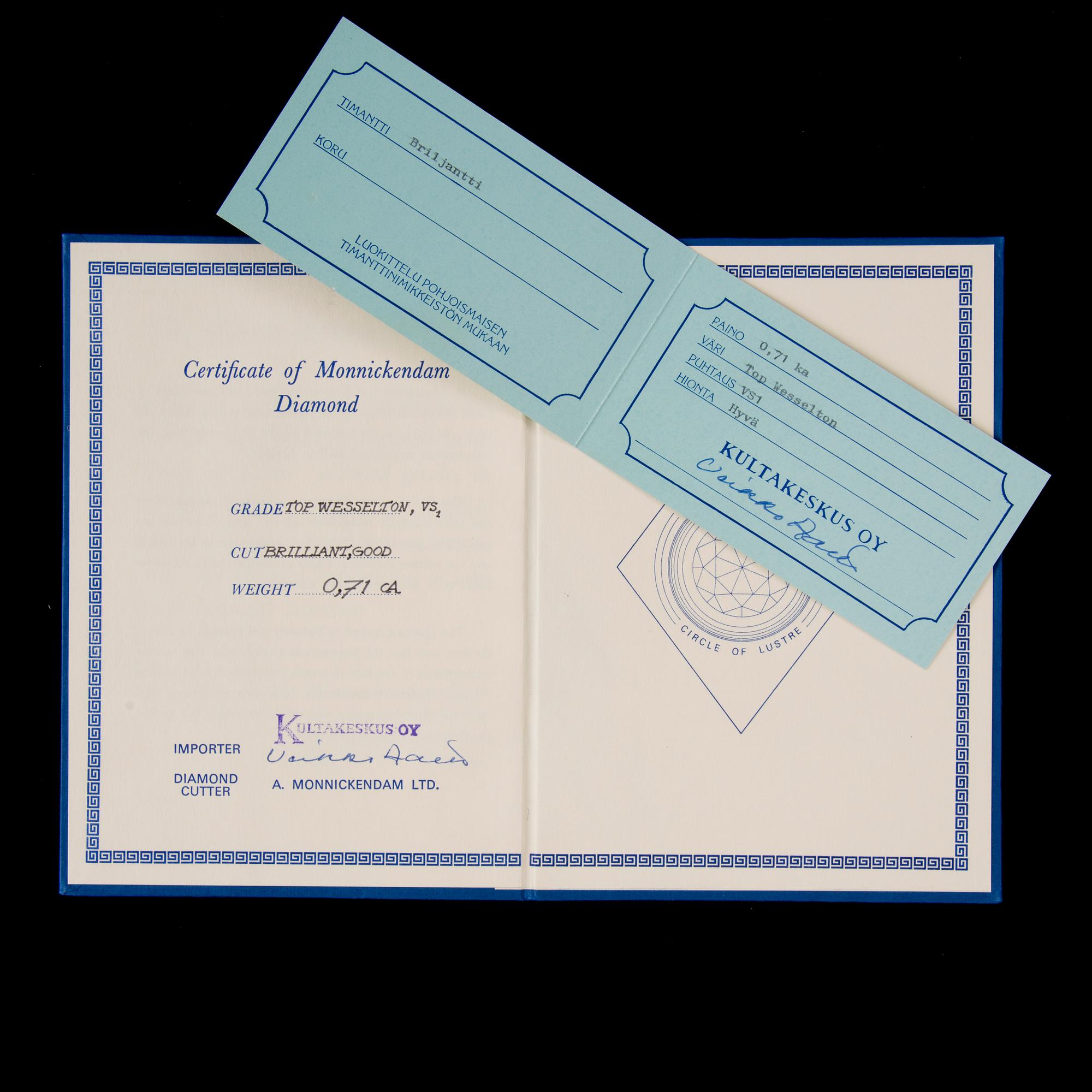 DIAMANT, briljantslipad 0,71 ct F-G (Top Wesselton) / VS1.