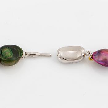 Cultured dyed freshwater pearl necklace, clasp with amethyst, prasiolite and citrine.