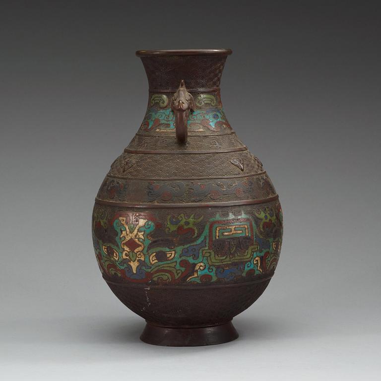 A Japanese bronze and champleve vase, Meiji (1868-1912).