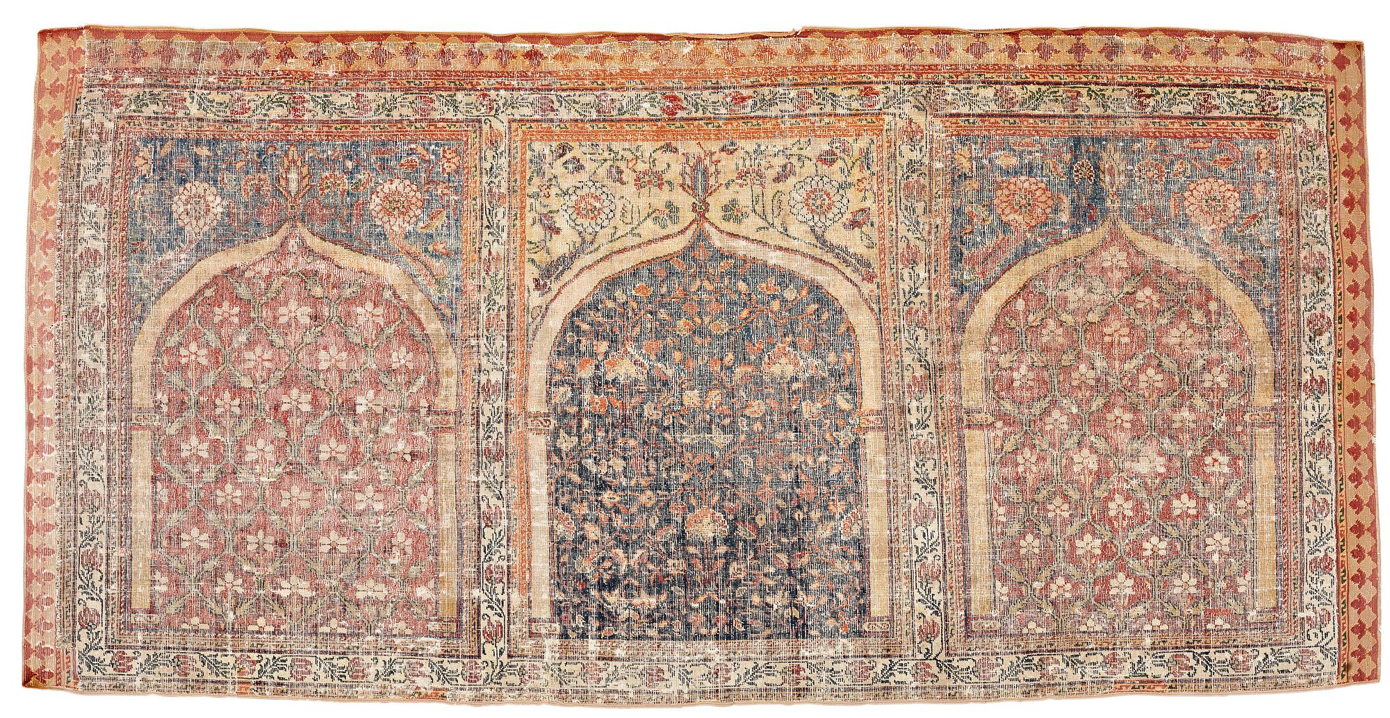 MATTO FRAGMENT, an antique Indian, Mughal Empire 17th-18th century probably, saff, ca 277 x 136 cm.