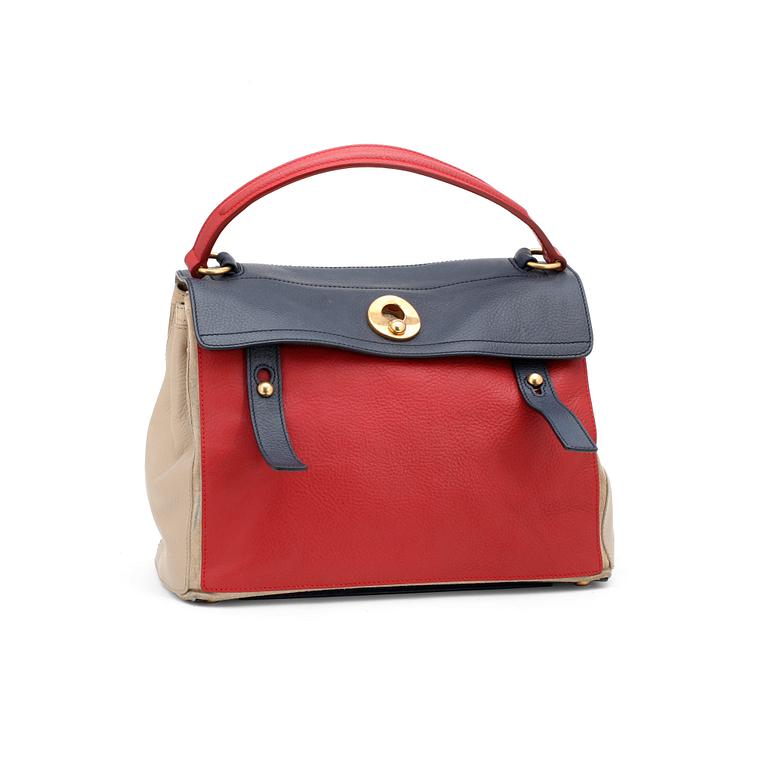 YVES SAINT LAURENT, a beige, red and blue leather handbag, "Muse two".