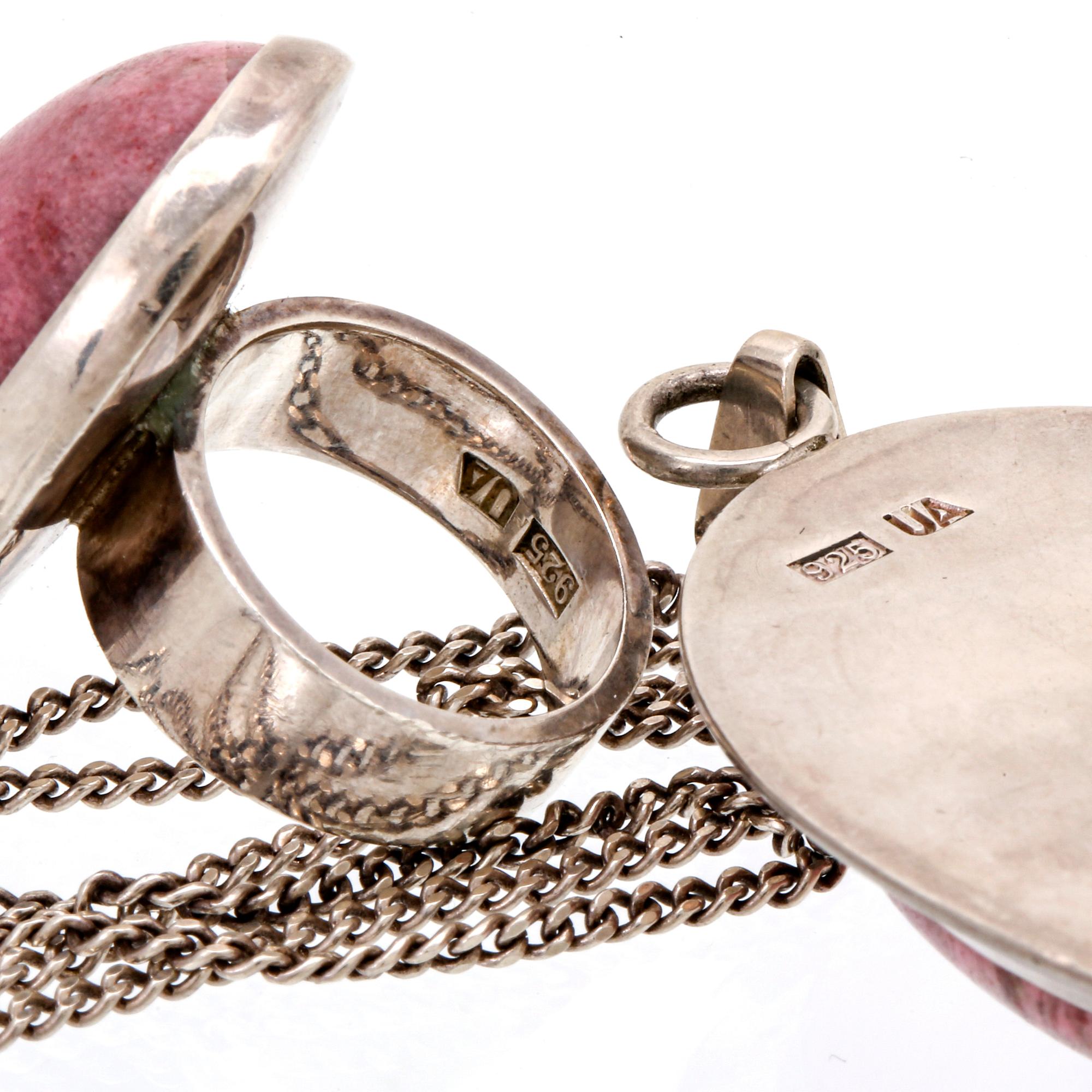 2 pendants with chains, 1 brooch, 1 ring, silver, rodochrosite, aventurine, metall, lilac drop probably glass, 4 pieces.