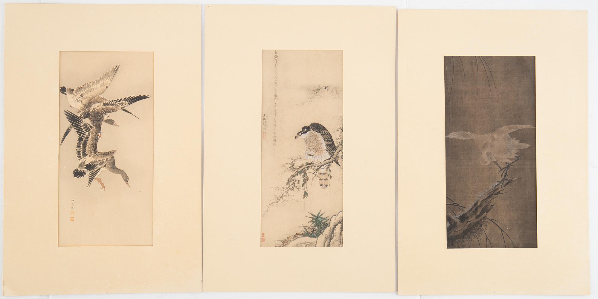 Akvareller på papper, tre stycken, Japan, 1900-tal.