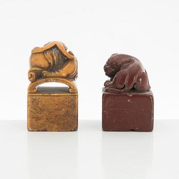 Two Chinese seals, in red and yellow stone.