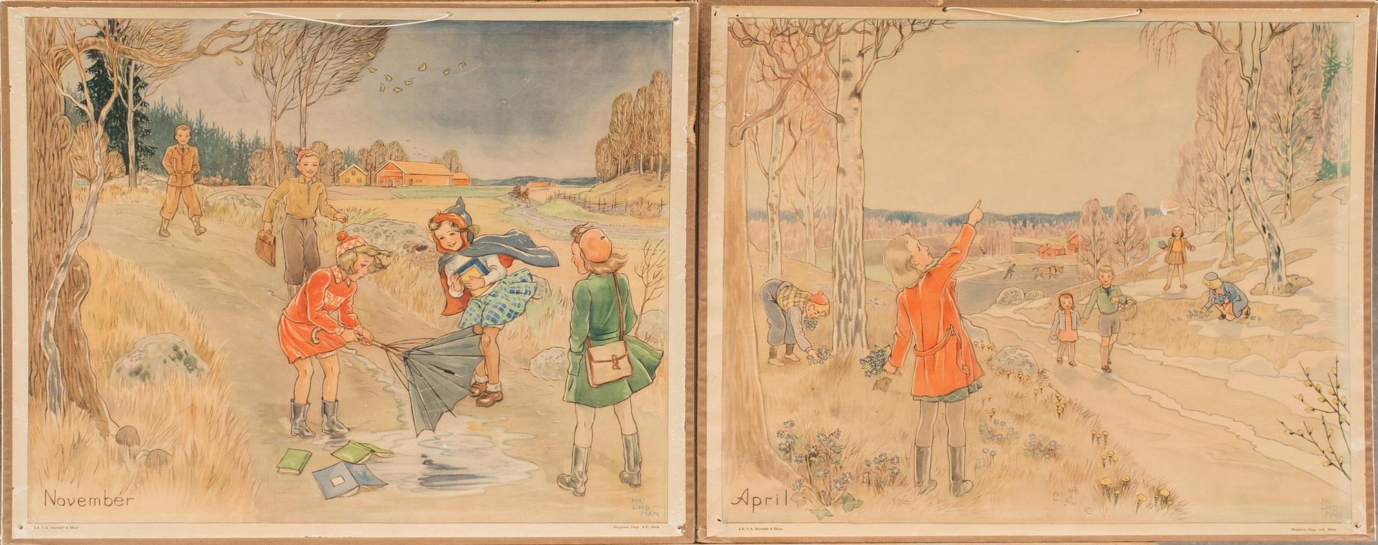 SKOLPLANSCHER, 12 st, Maj Lindman, P.A Norstedt & Söner.