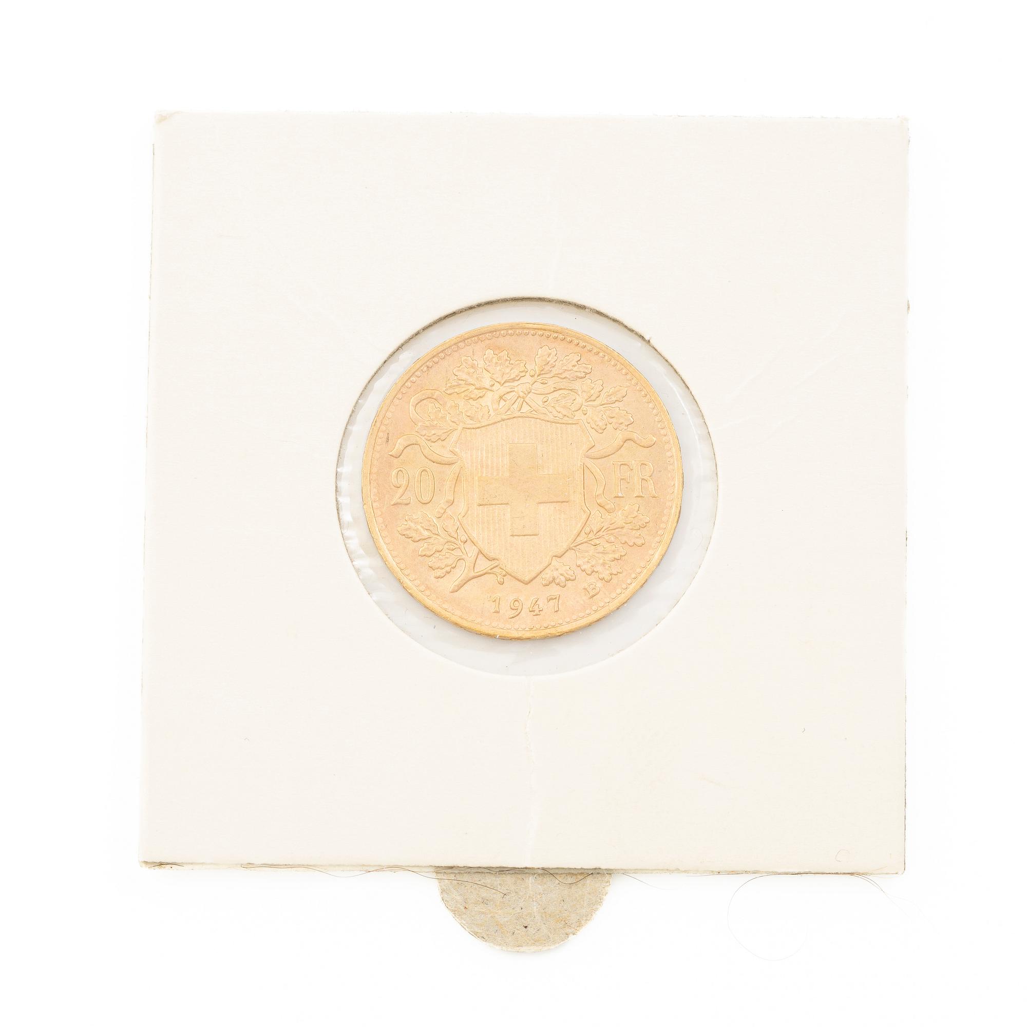 Gold coin, Switzerland, 20 Franc, 1947.