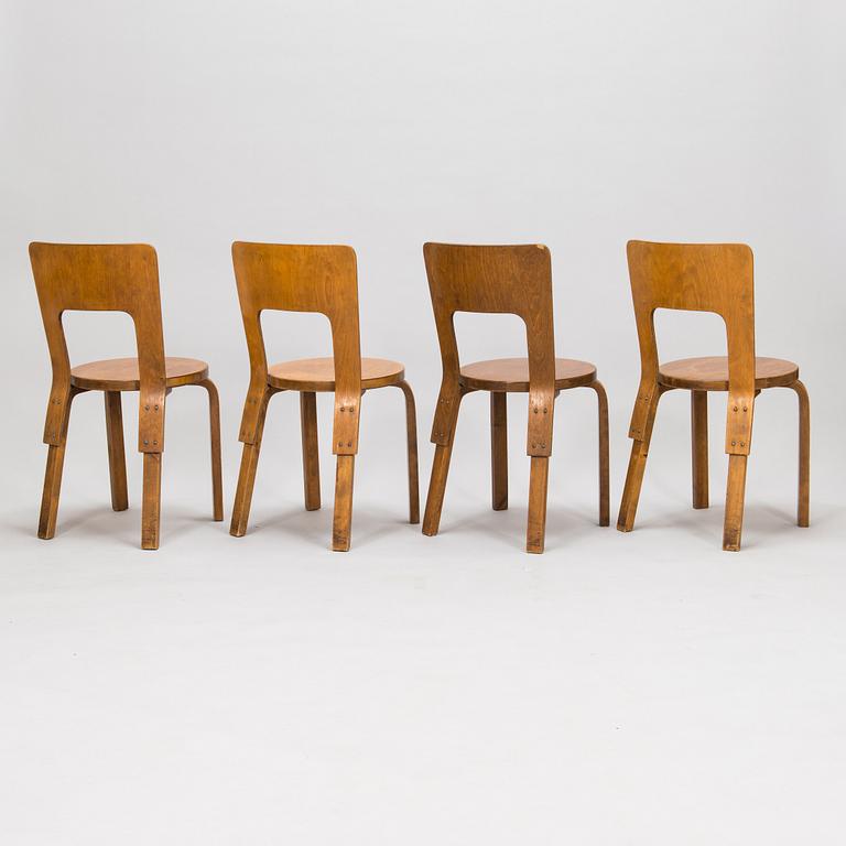 Alvar Aalto, four '66' chairs, O.Y. Huonekalu-ja Rakennustyötehdas A.B. Finland, 1930's/1940's.