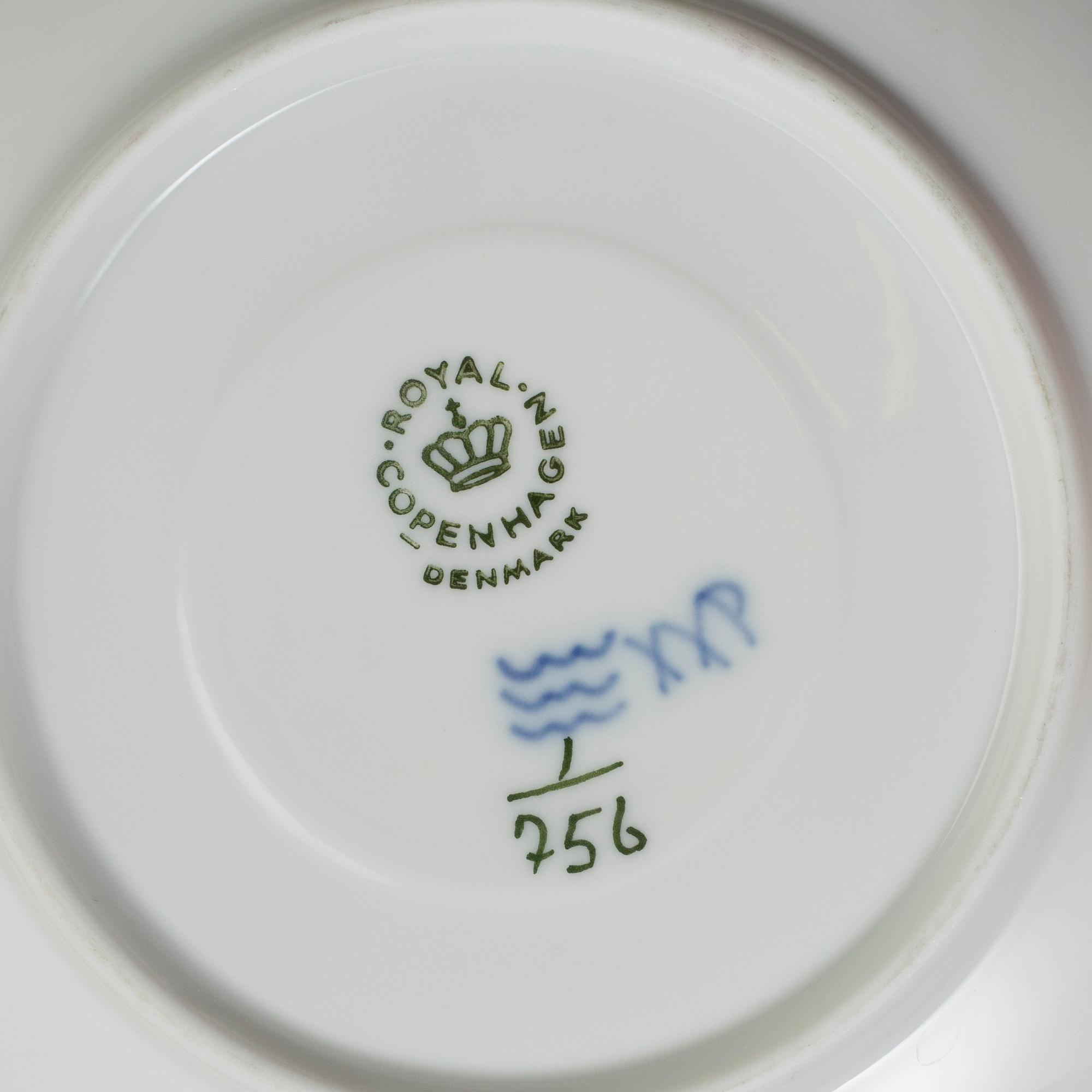 A set of six coffee cups with saucers and five plates, "Musselmalet"by Royal Copenhagen.