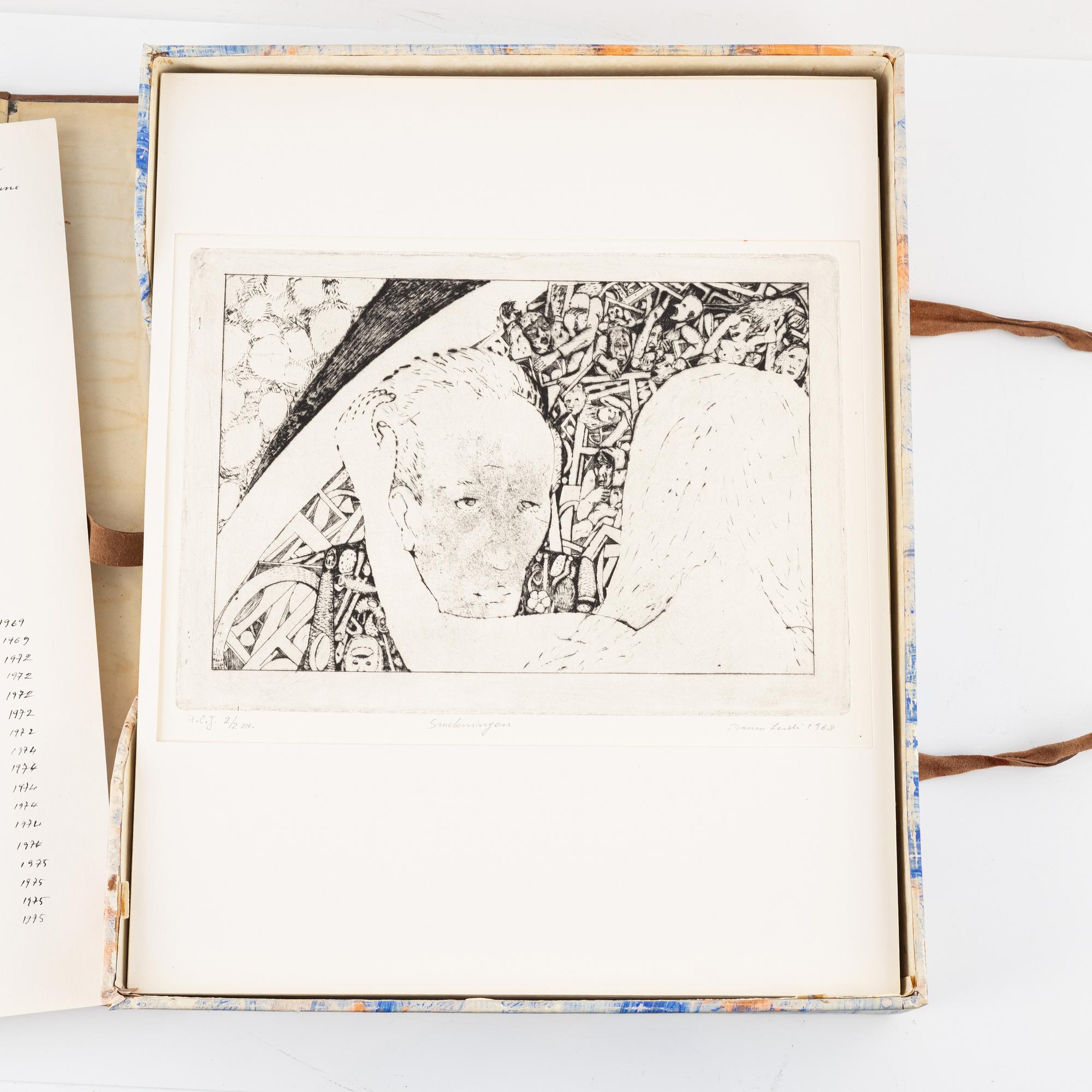 Franco Leidi, box with 35 copper plates/dry points, 1968-75.