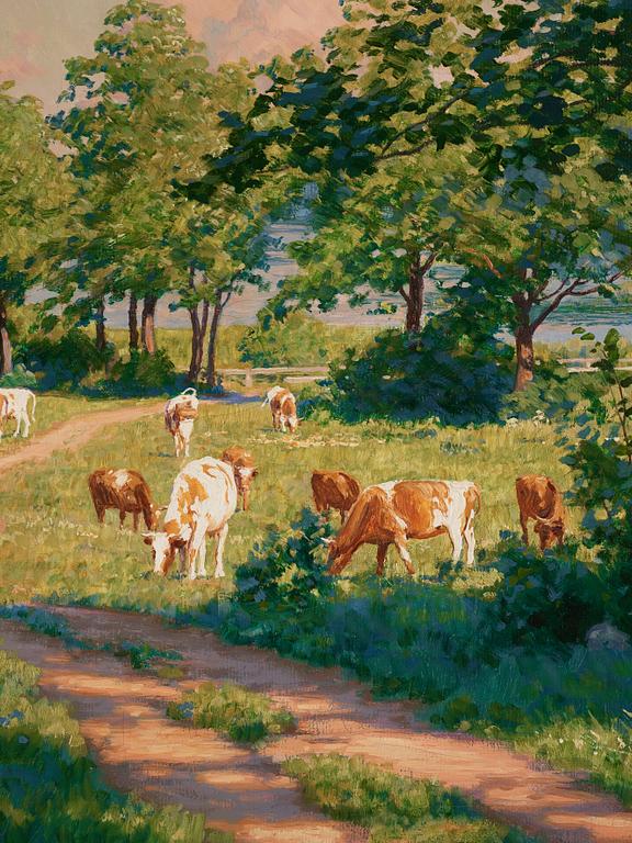 Johan Krouthén, Sunlit landscape with cows.
