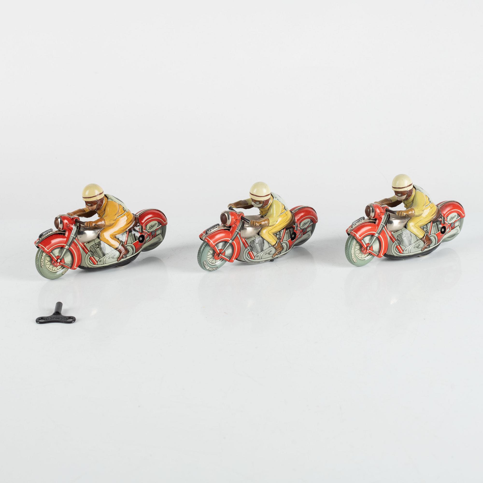 Schuco, motorcyklar 3 st, ""Mirakomot 102" samt "Motodrill 1006", Tyskland, 1900-talets mitt.