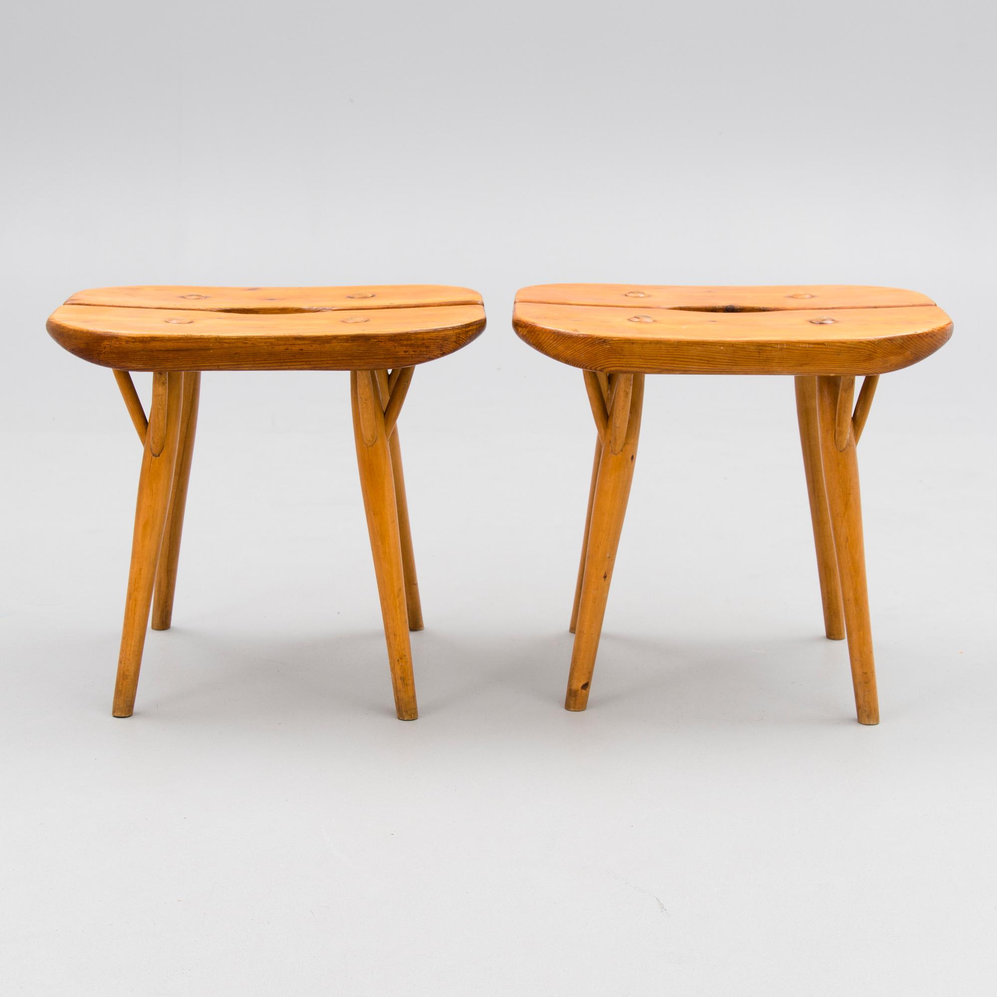 Ilmari Tapiovaara, Two mid 20th century special edition 'Pirkka' stools likely manufactured by Laukaan Puu, Finland.