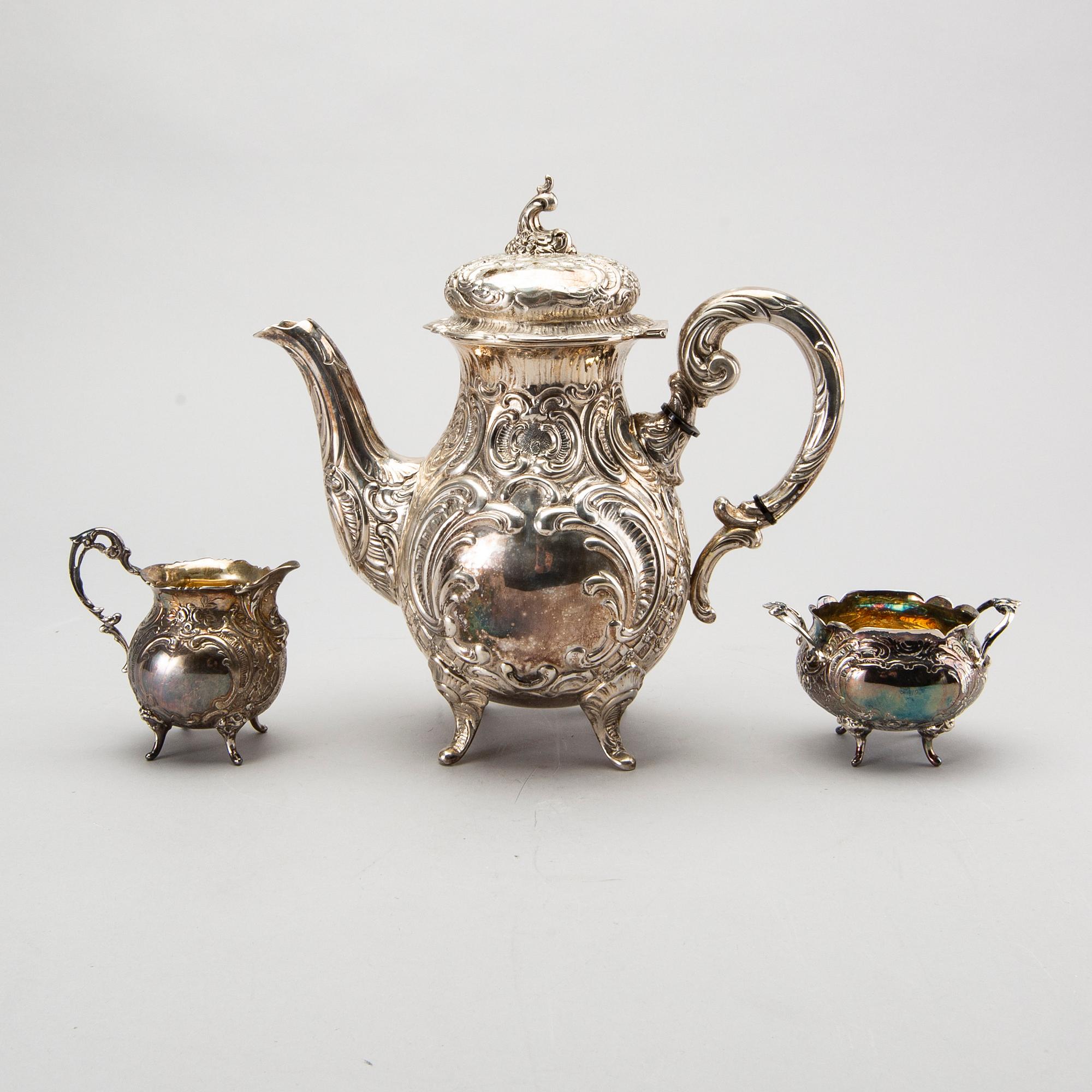 KAFFESERVIS, 3 delar, silver,  rokokostil.
