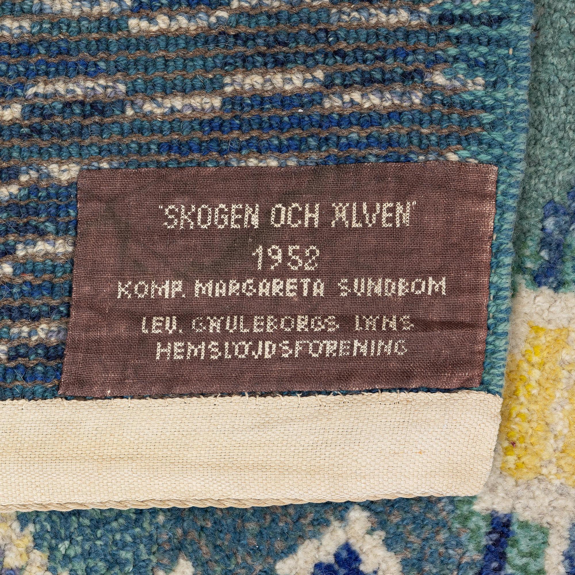 Margareta Sundbom Eichenholz, a knotted pile, 'Skogen och älven' carpet, Gävleborgs Läns Hemslöjdsförening, c. 710 x 384 cm.