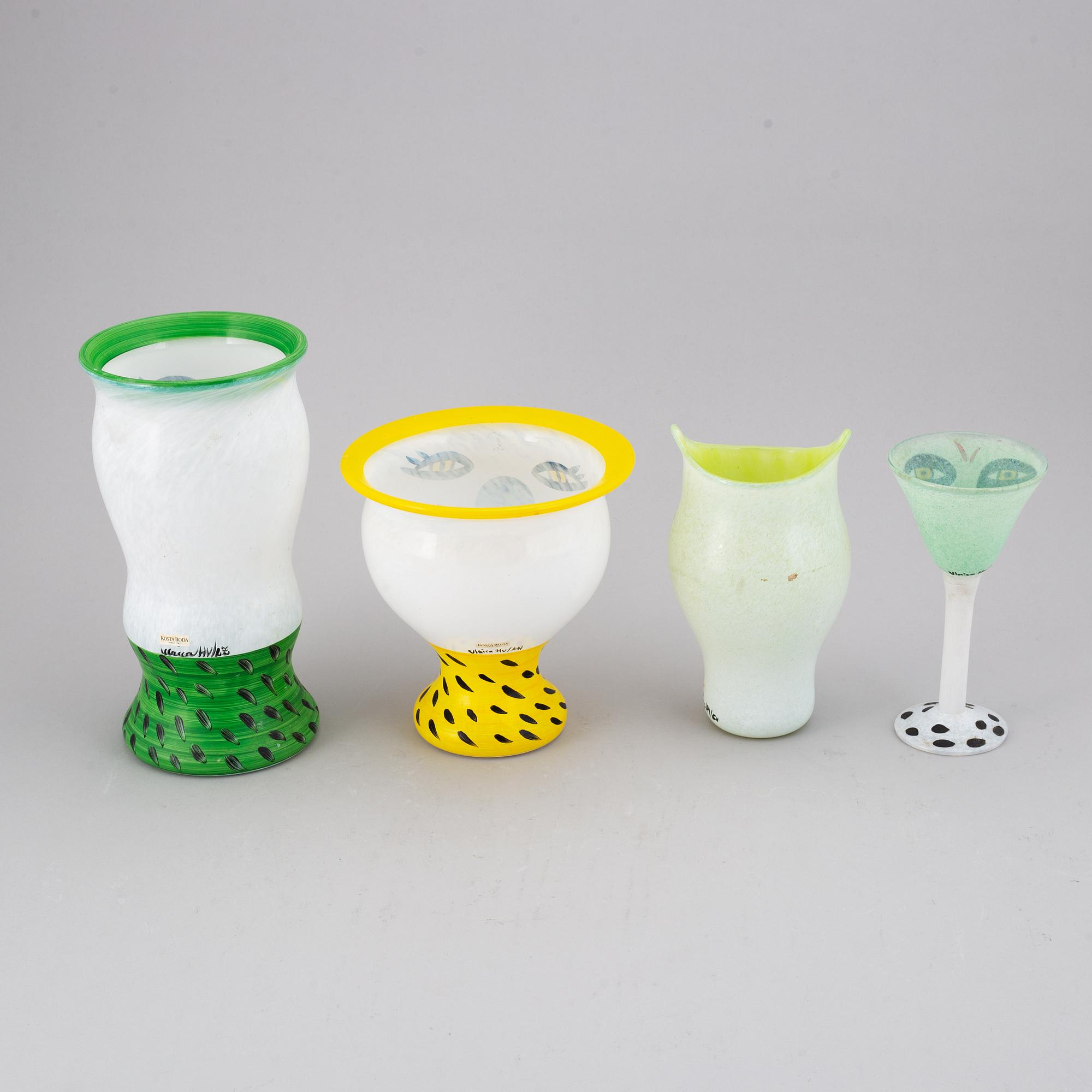 ULRICA HYDMAN-VALLIEN, a set of three glass vases ans a wineglass, Kosta Boda.