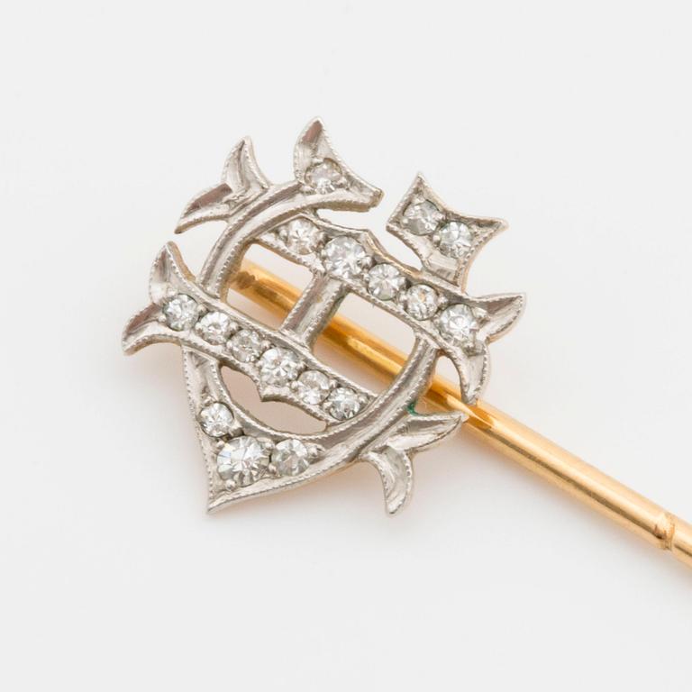 TIE Pin in shape of a letter monogram GH, 18k guld and whitegold, single-cut diamonds.