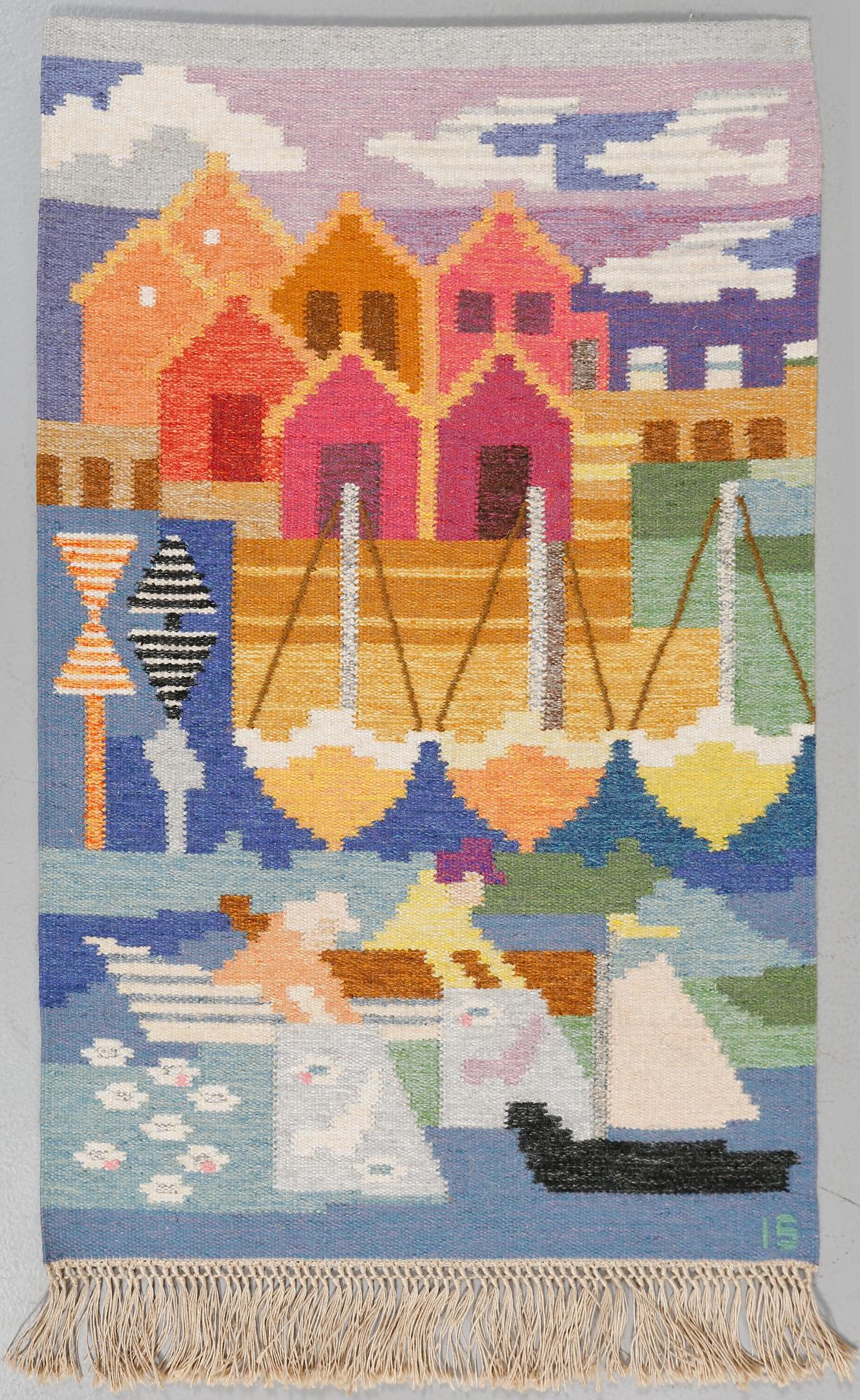 VÄVNAD, rölakan, "Fiskeläge", Ingegerd Silow, monogramsignerad, ca 121 x 84 cm.