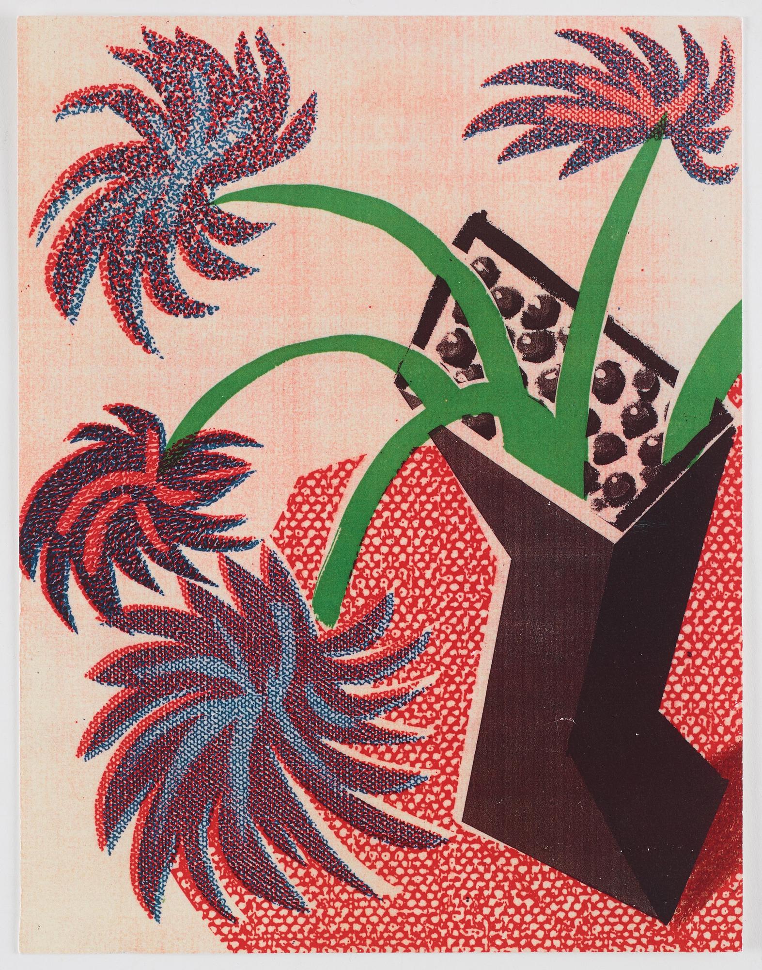 David Hockney, "Flowers, apple and pear on table".