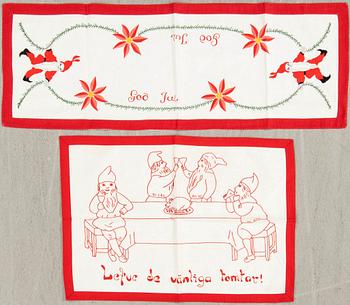 A collection of Christmas tablecloths, Christmas tree skirts, an apron, and runners, 21 pcs, 20th century.
