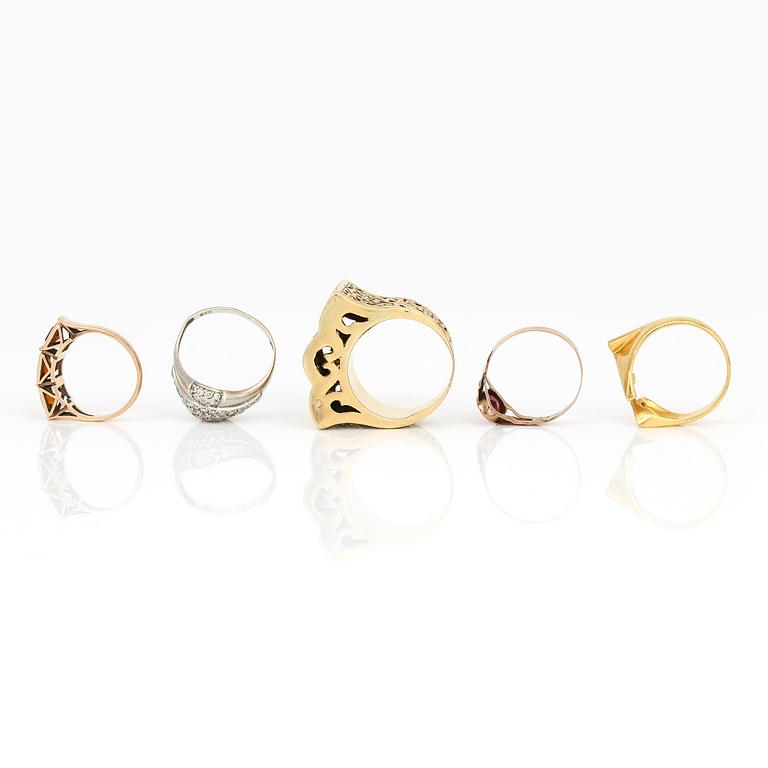 PARTI RINGAR, 5 st, olika guldhalter med bla diamanter. Total vikt ca 24,81 g.