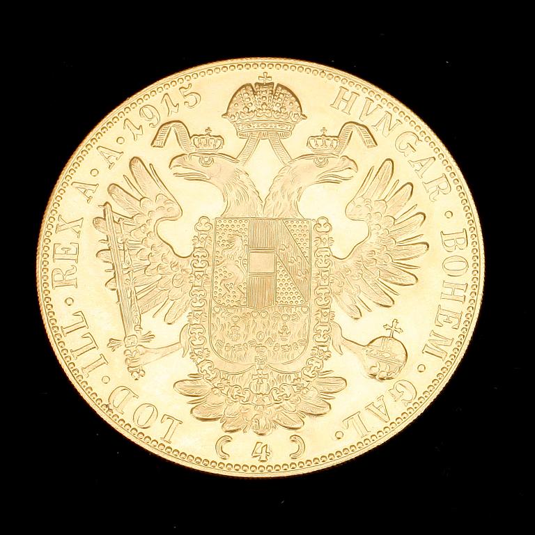 GULDMYNT, Frans Josef I, Österrike-Ungern, bär dat 1915. Vikt 13 gr.